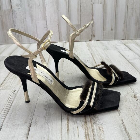 Santini Mavardi Black Suede Real Fur Trim Unique Gold Heels Designer Sz 40 US 9 - Picture 4 of 13